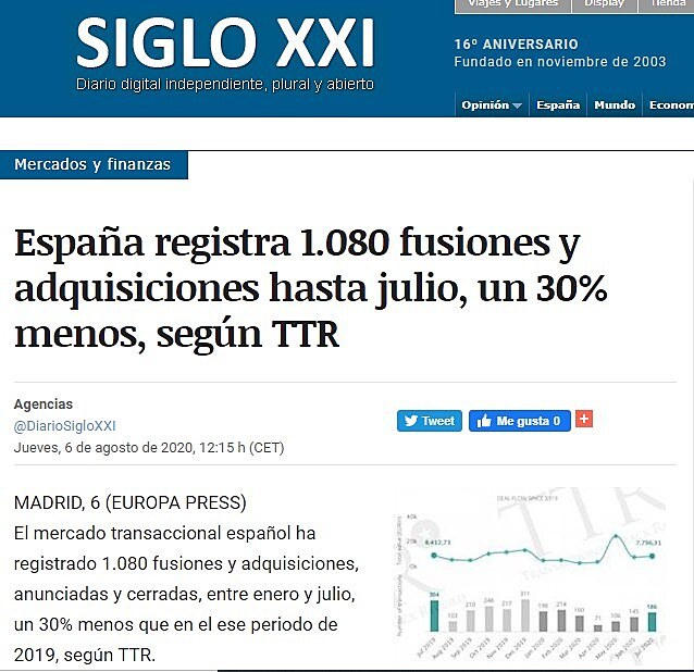 Espaa registra 1.080 fusiones y adquisiciones hasta julio, un 30% menos, segn TTR